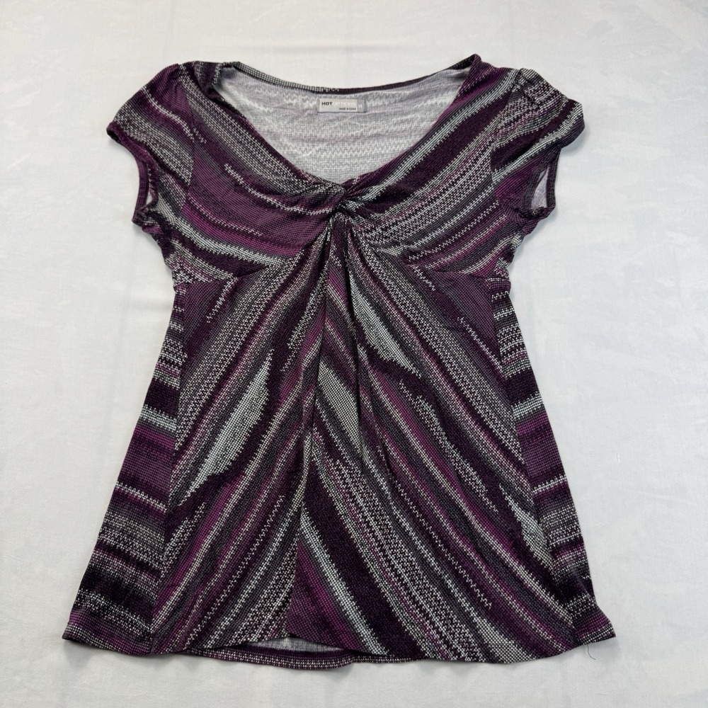 Hot Options Women's Small Purple Gray Abstract Twist Front Short Sleeve Top